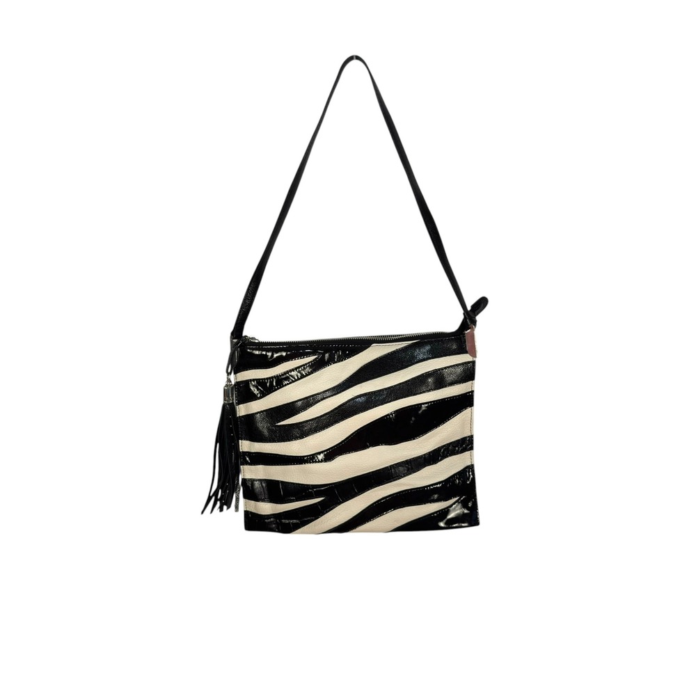 Brighton Zebra Print Shoulder Bag OS Black White Patent Leather Tassel Y2K Chic